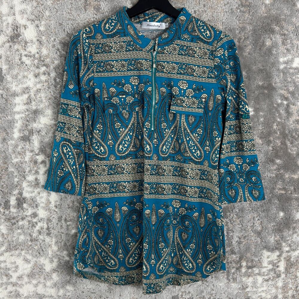 Ninedaily Womens Size S Floral Stretch 1/4 Zip Top‎ Blue Roll Tab Sleeve